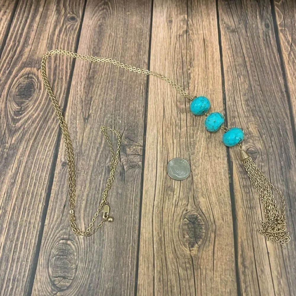 Gold and Turquoise Long Tassel Necklace